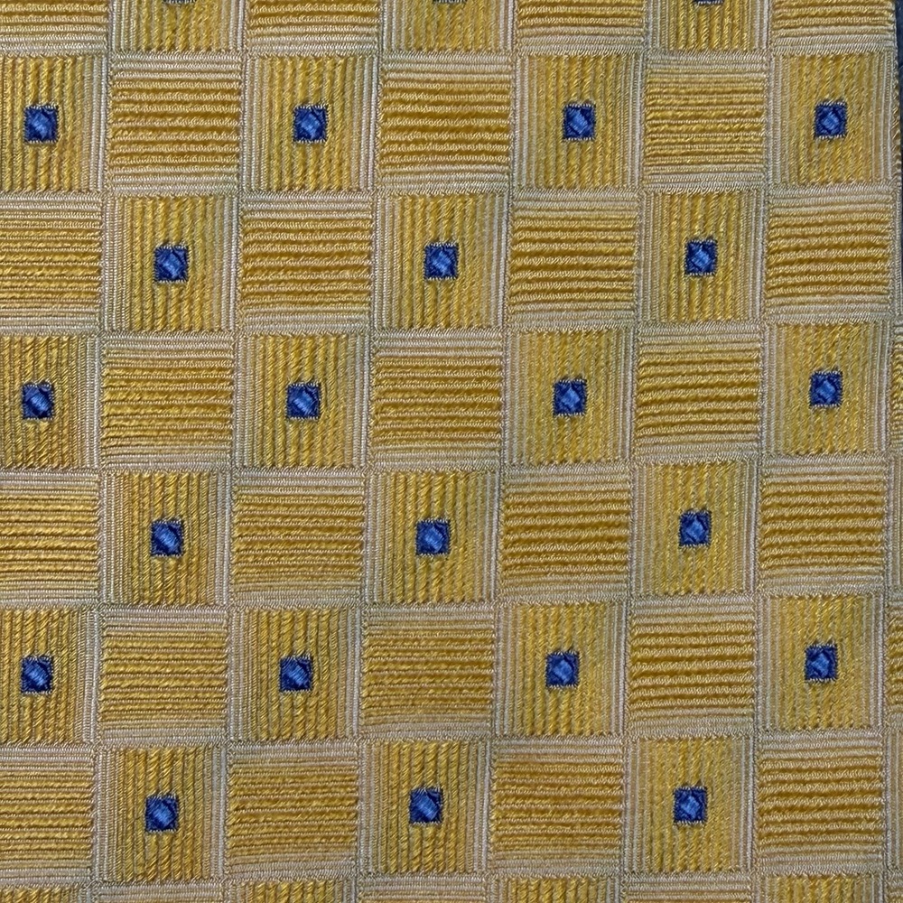 Gladson Italy Gold Blue Geometric Check Silk Men's Neck Tie Wide 59x3.6" - Picture 2 of 7